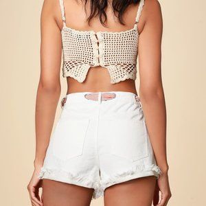 Havana White Denim Ribbon Belt Cutoff Shorts